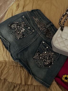 Embellished Dark Wash Women's Jeans Skirt